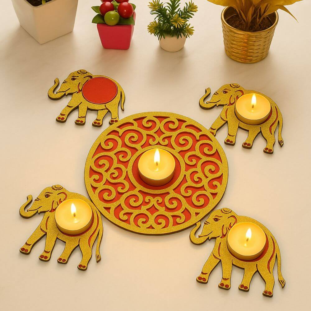 Decorative Wooden Rangoli Light Holder (Set of 5)