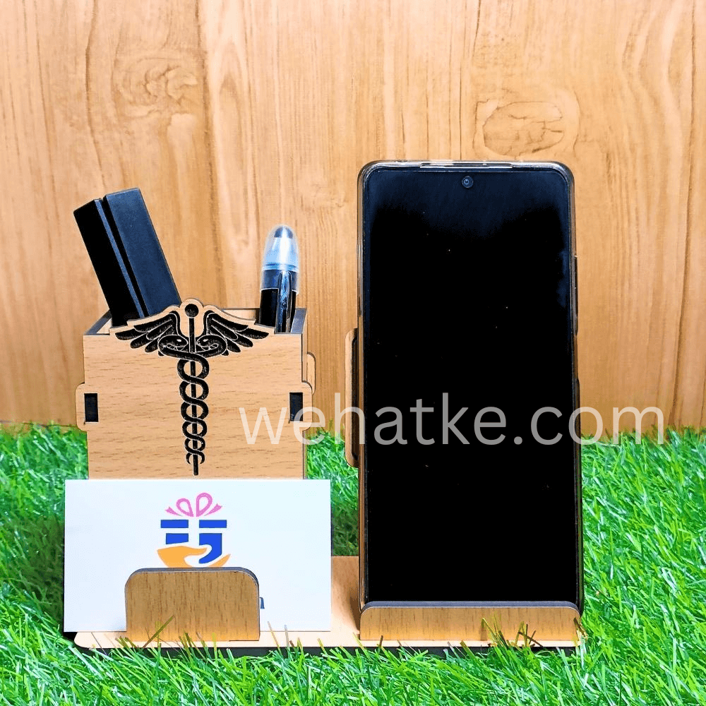 Corporate Wooden Desk Set for Doctors – Pen Stand, Phone & Card Holder
