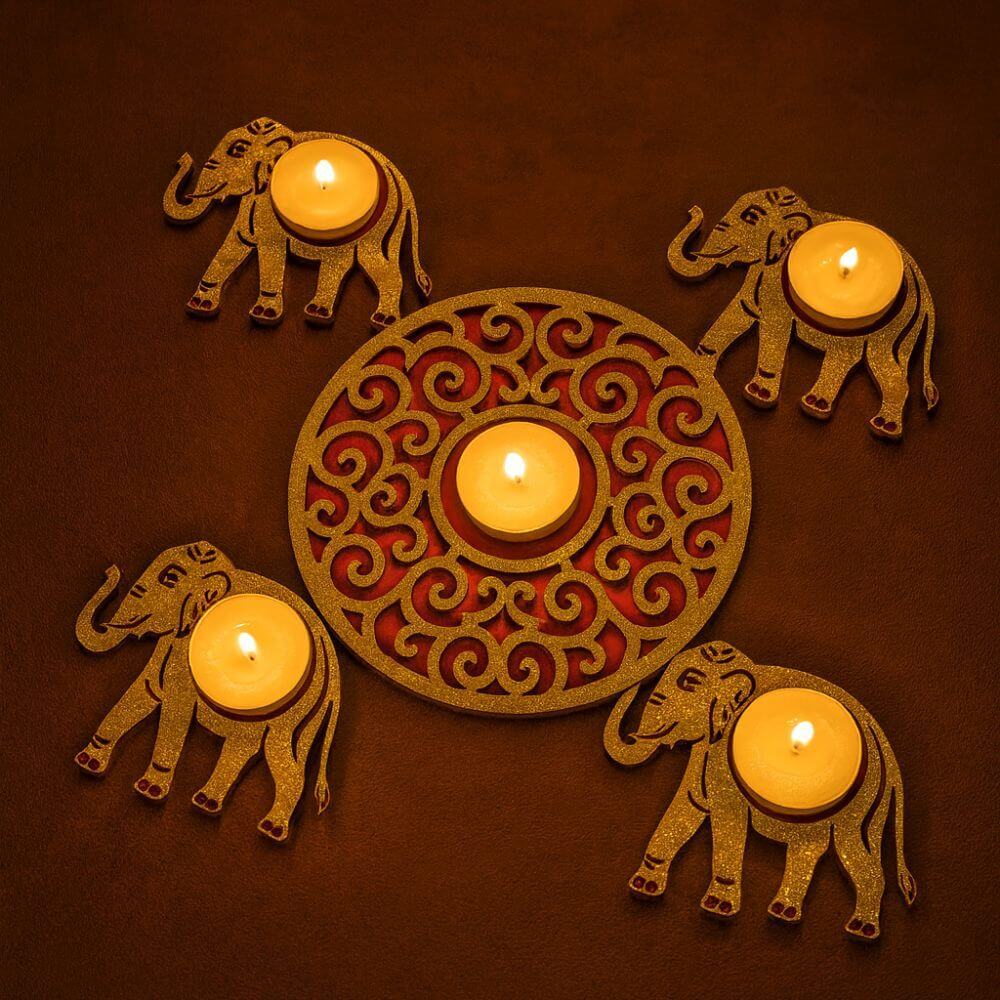 Decorative Wooden Rangoli Light Holder (Set of 5)