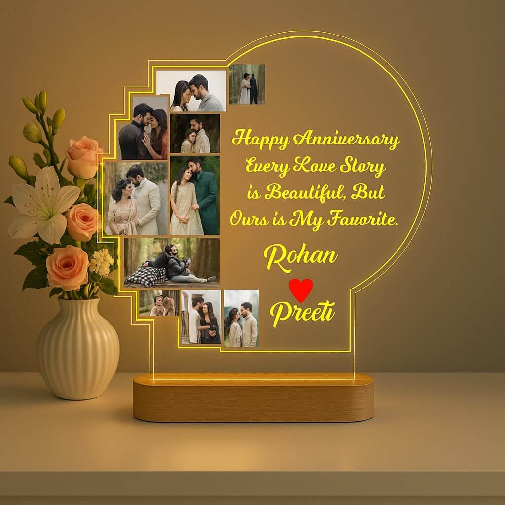 Customized Anniversary LED Photo Collage Lamp with Wooden Base
