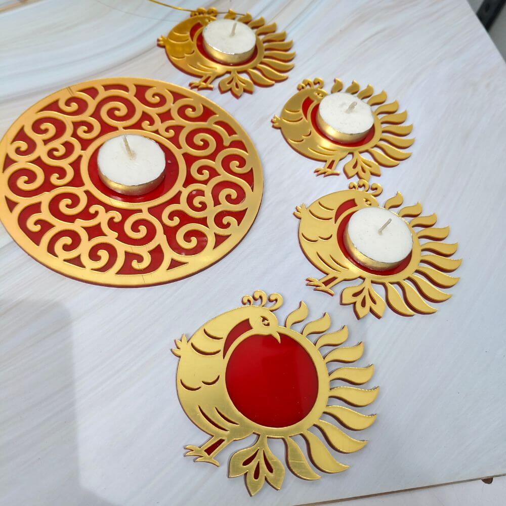 Decorative Wooden Rangoli Light Holder (Set of 5)