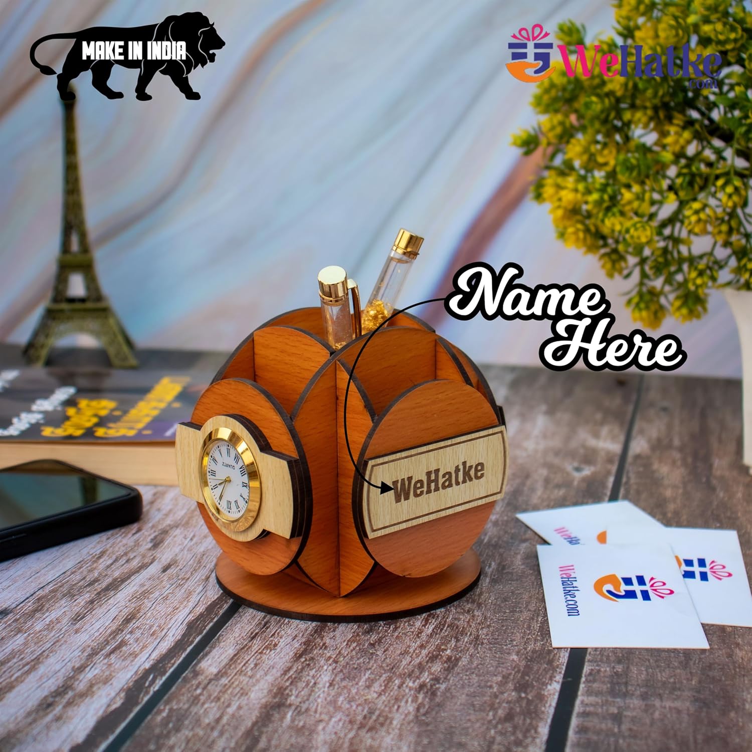 Corporate Wooden Desk Organizer with Clock & Card Holder