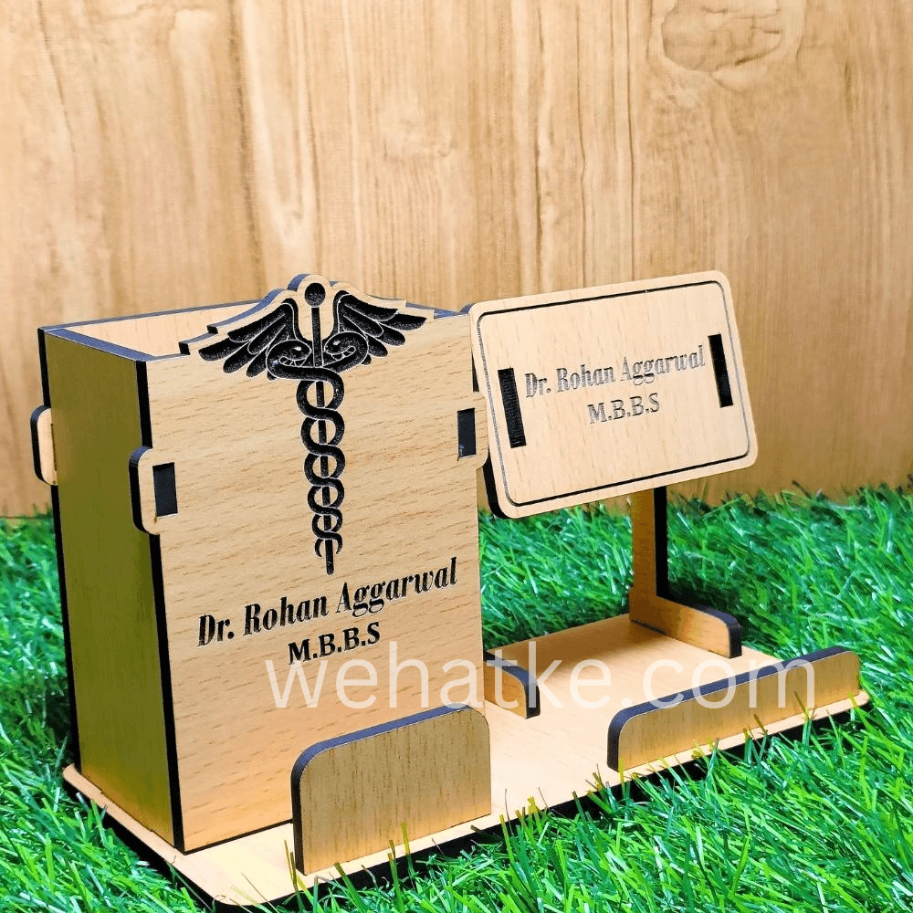 Corporate Wooden Desk Set for Doctors – Pen Stand, Phone & Card Holder
