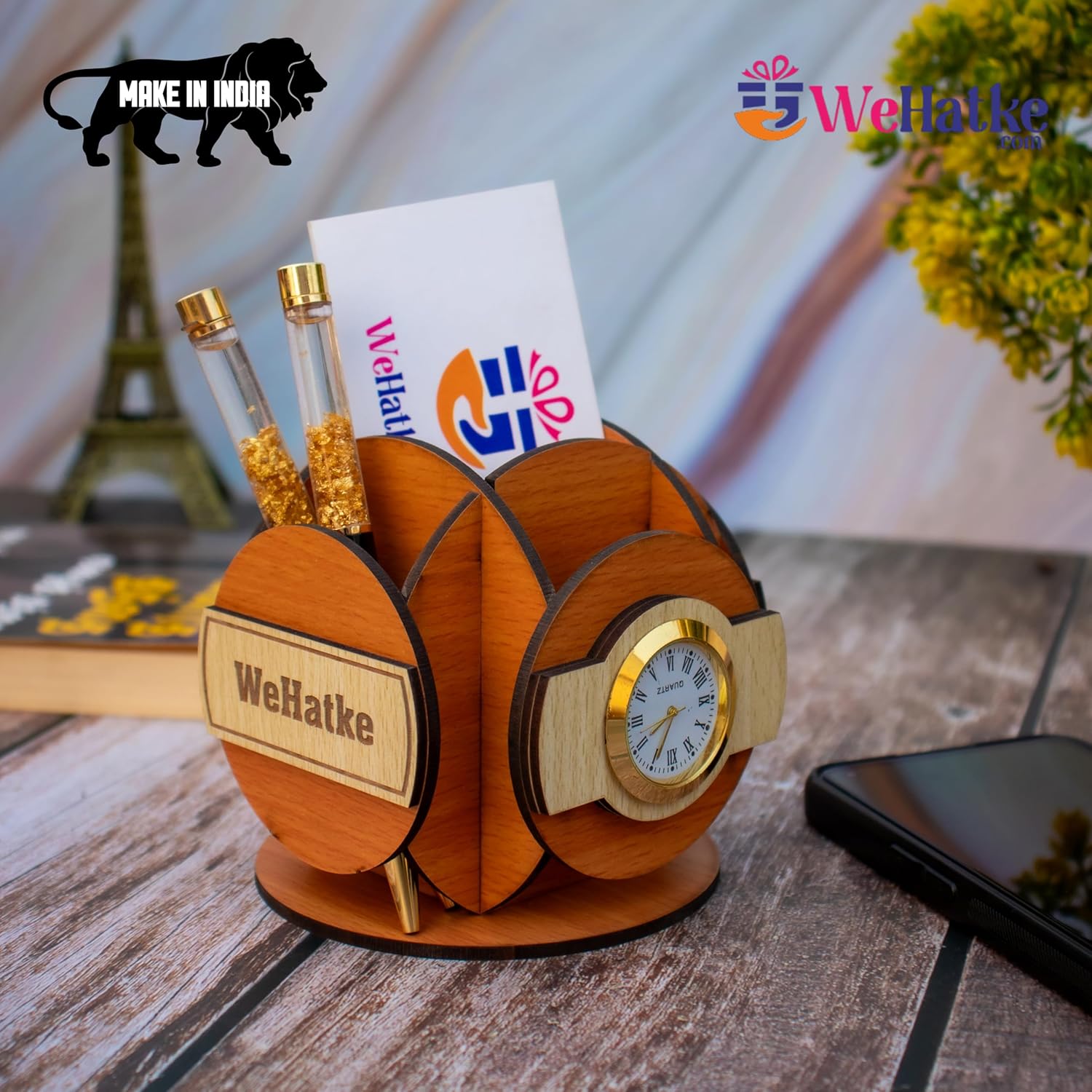 Corporate Wooden Desk Organizer with Clock & Card Holder