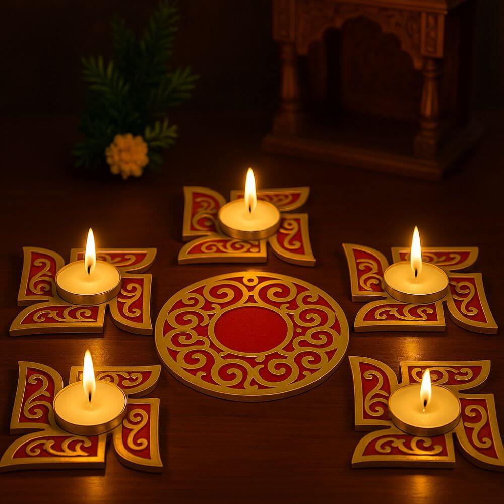 Decorative Wooden Rangoli Light Holder (Set of 5)