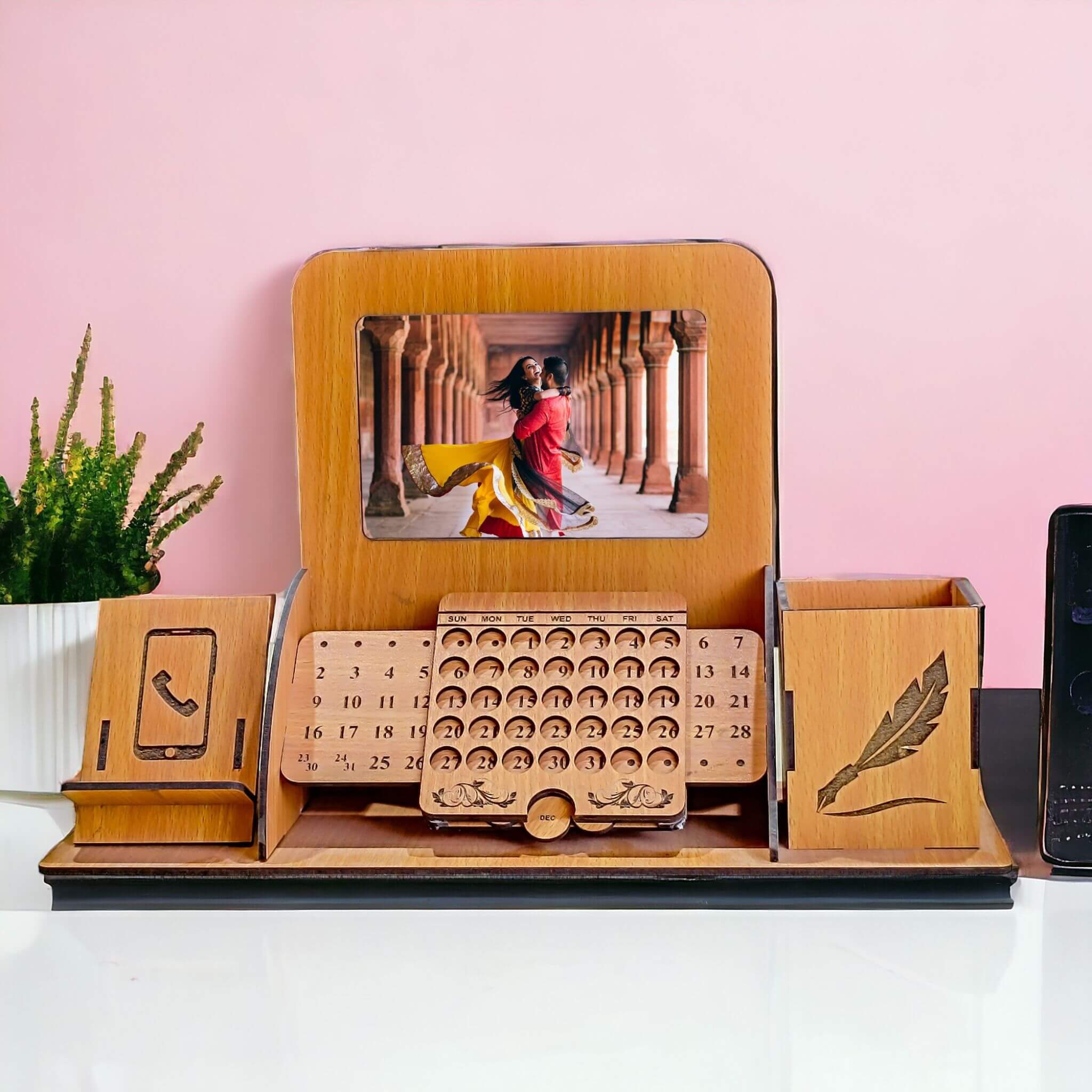 Corporate Wooden Desk Organizer with Calendar, Photo Frame & Mobile Stand