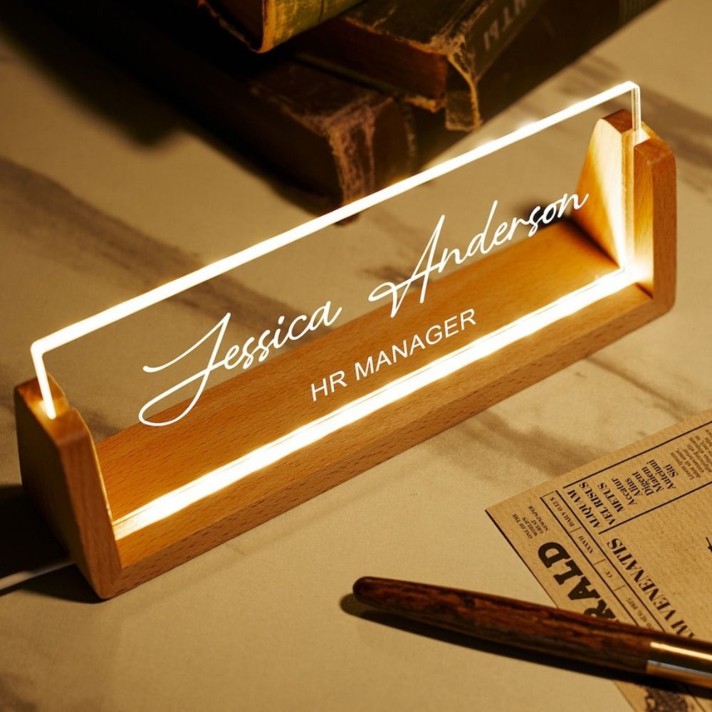 Personalized LED Desk Name Plate with Wooden Base