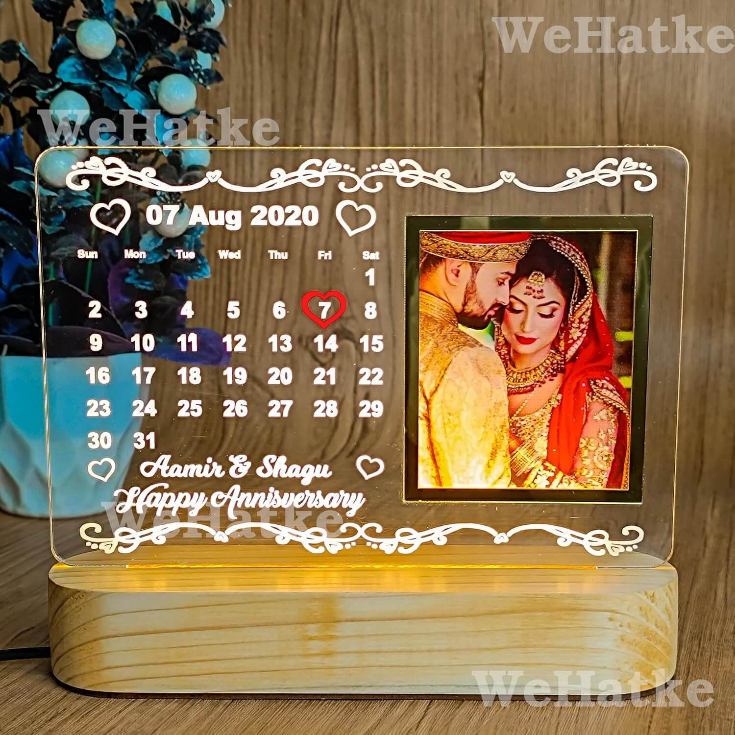 Customized 3D Illusion Calender Lamp With Wooden Base