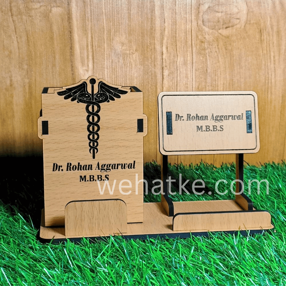 Corporate Wooden Desk Set for Doctors – Pen Stand, Phone & Card Holder