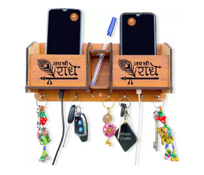 Jai Shree Radhey Mobile Holder, Pen stand & Wood Key Holder  (8 Hooks, Brown)