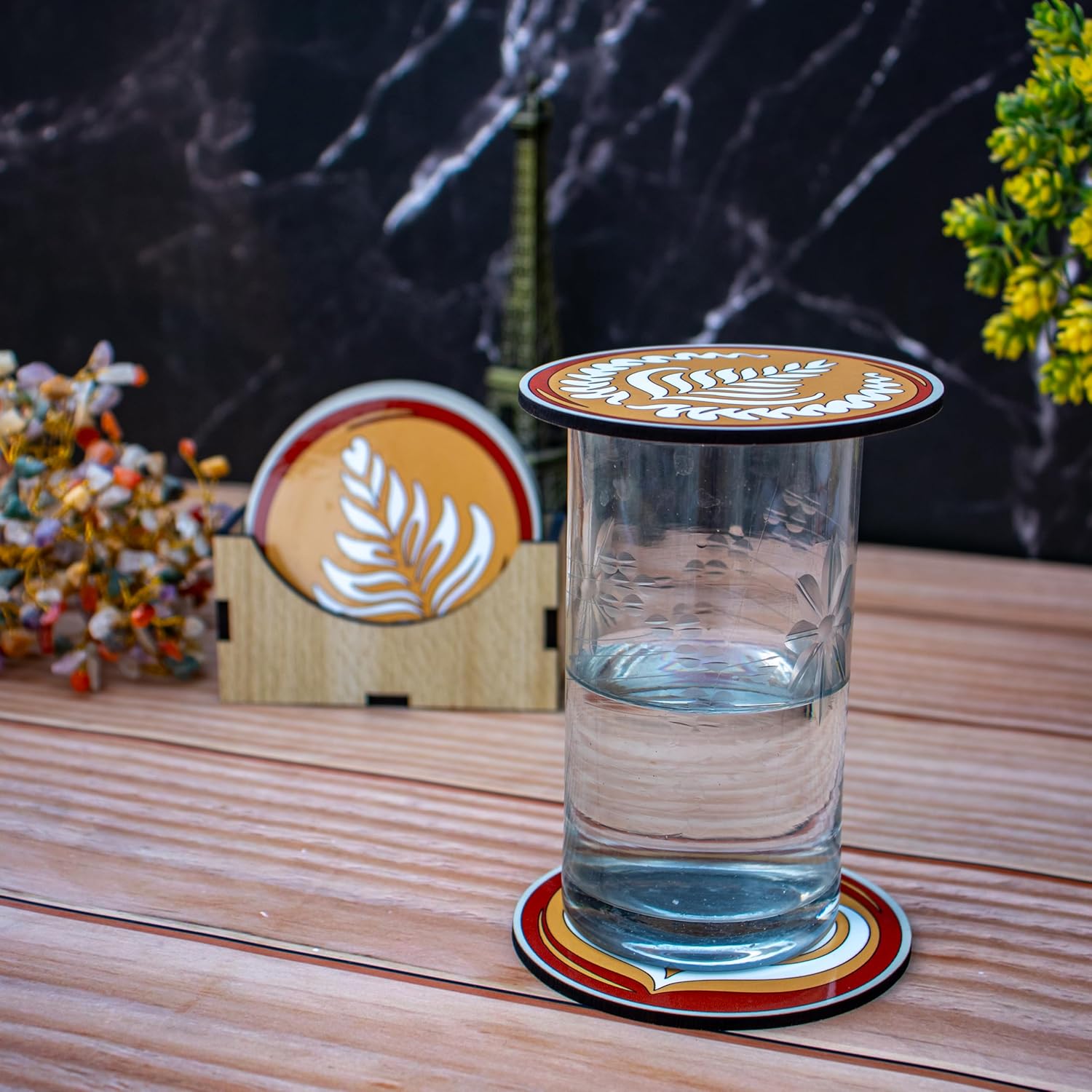 Wooden Coaster Set with Coffee Art Design