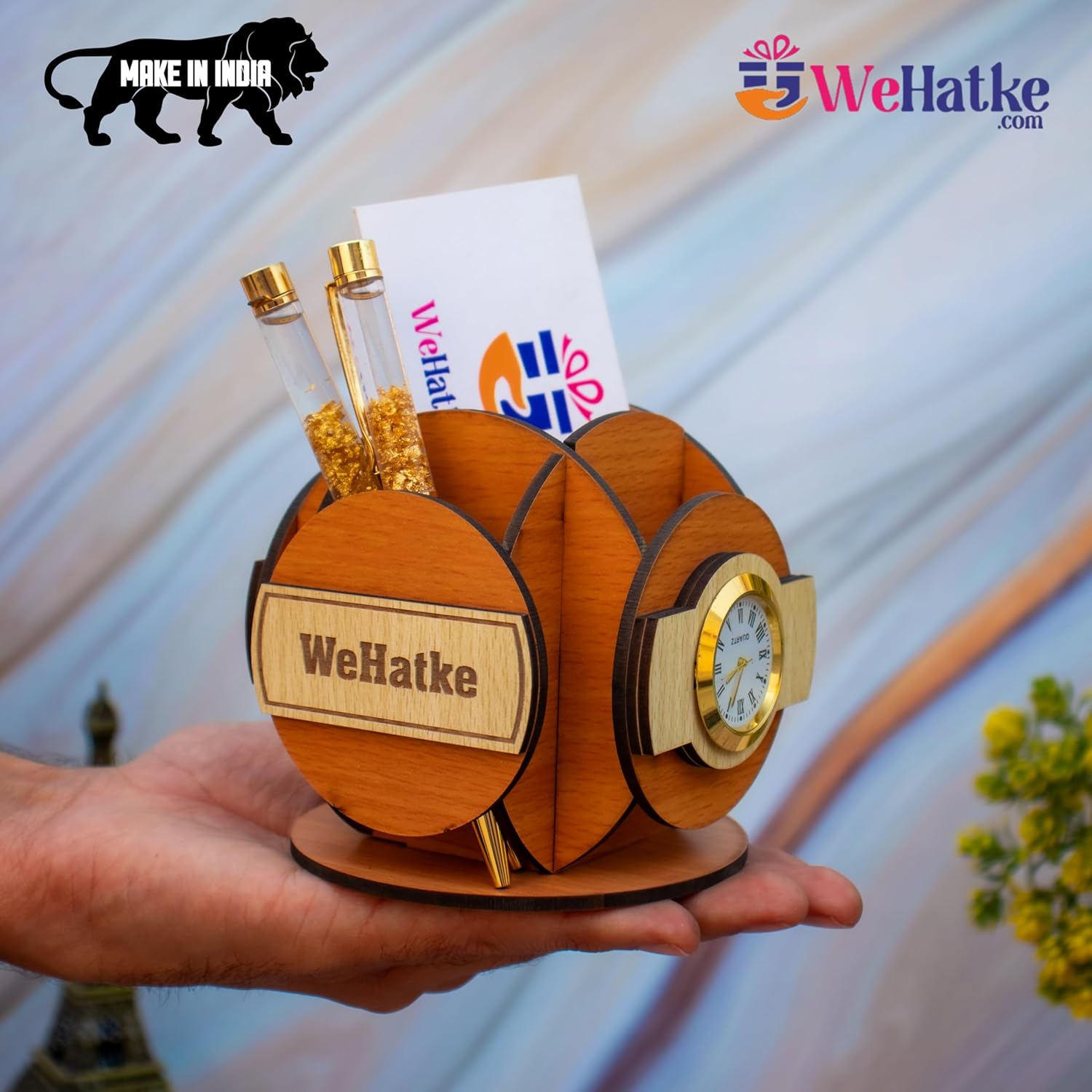 Corporate Wooden Desk Organizer with Clock & Card Holder