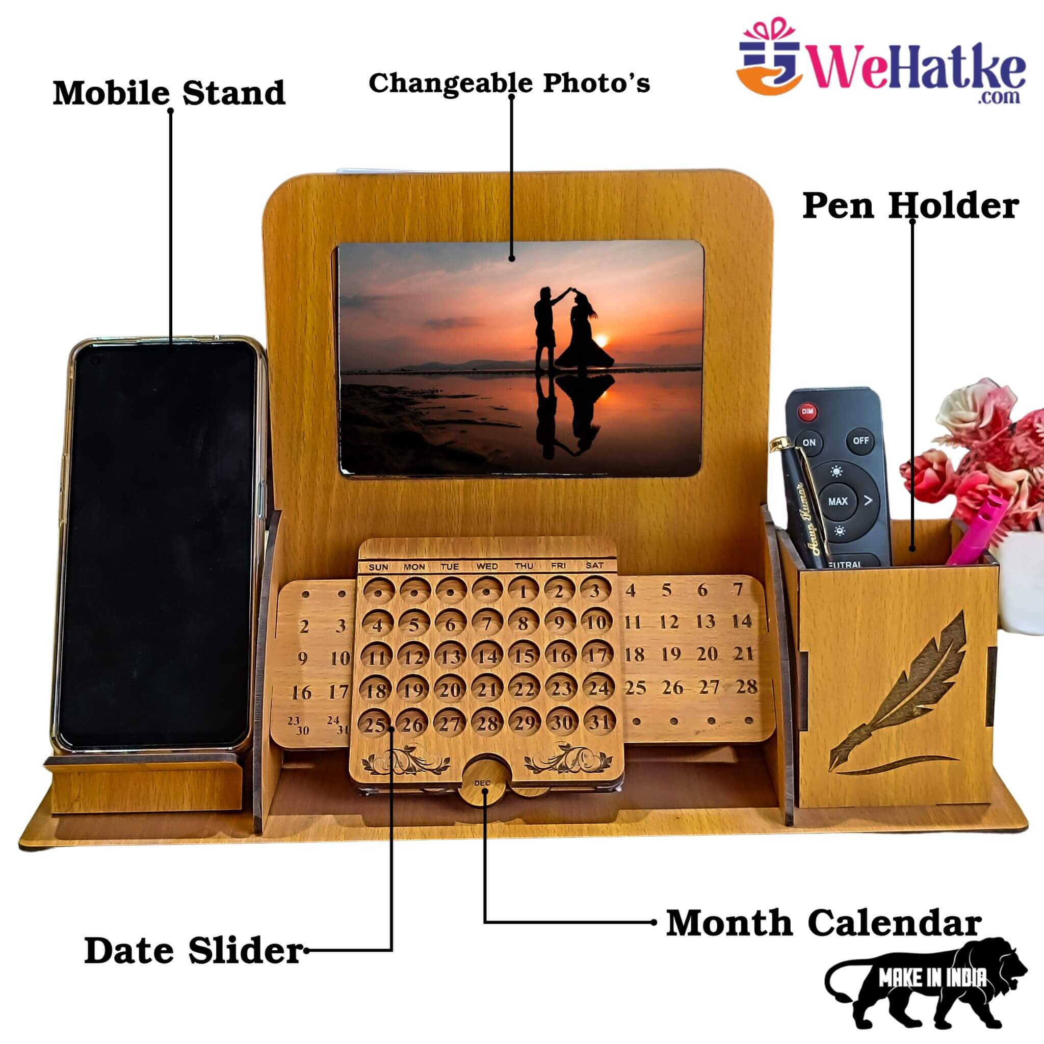 Corporate Wooden Desk Organizer with Calendar, Photo Frame & Mobile Stand