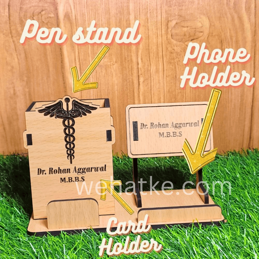 Corporate Wooden Desk Set for Doctors – Pen Stand, Phone & Card Holder