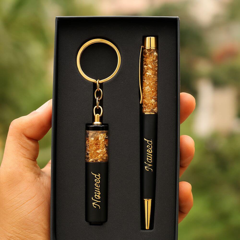 Customized, Metal Rakhi Gift Set for Brother with Pen & Keychain