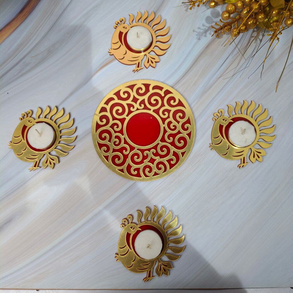Decorative Wooden Rangoli Light Holder (Set of 5)